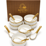Premium White & Gold Soup Bowl Set with Spoons – 12 Piece Ceramic Serving Set