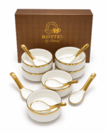 Premium White & Gold Soup Bowl Set with Spoons – 12 Piece Ceramic Serving Set
