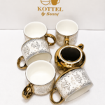 Premium Ceramic Tea Cup Set of 6 – Silver Paisley Design with Gold Handle | 200 ml