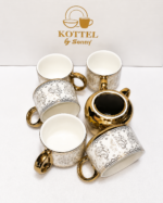 Premium Ceramic Tea Cup Set of 6 – Silver Paisley Design with Gold Handle | 200 ml