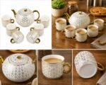 Luxury Tea Set with Teapot & 6 Cups – Premium Ceramic Gold Design | 7-Piece Serving Set - Image 5